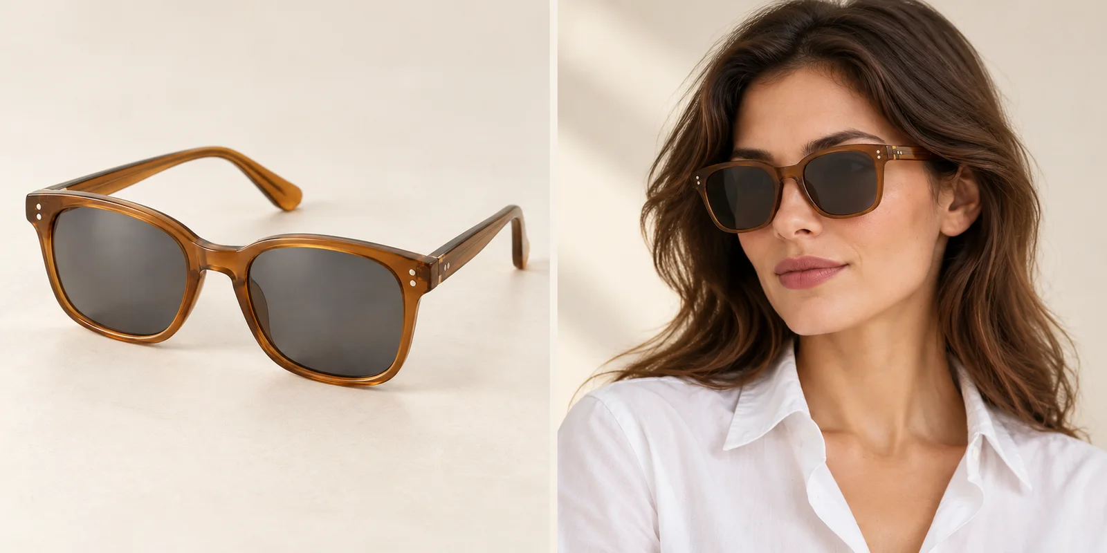 Fictional amber sunglasses as a product reference and worn by an adult model