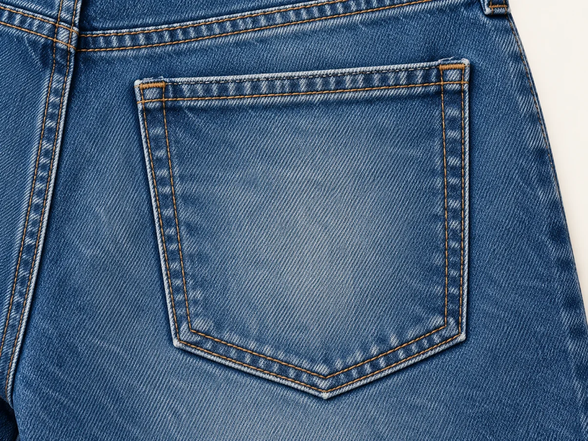 Five-sided rear pocket outline and continuous edge stitching
