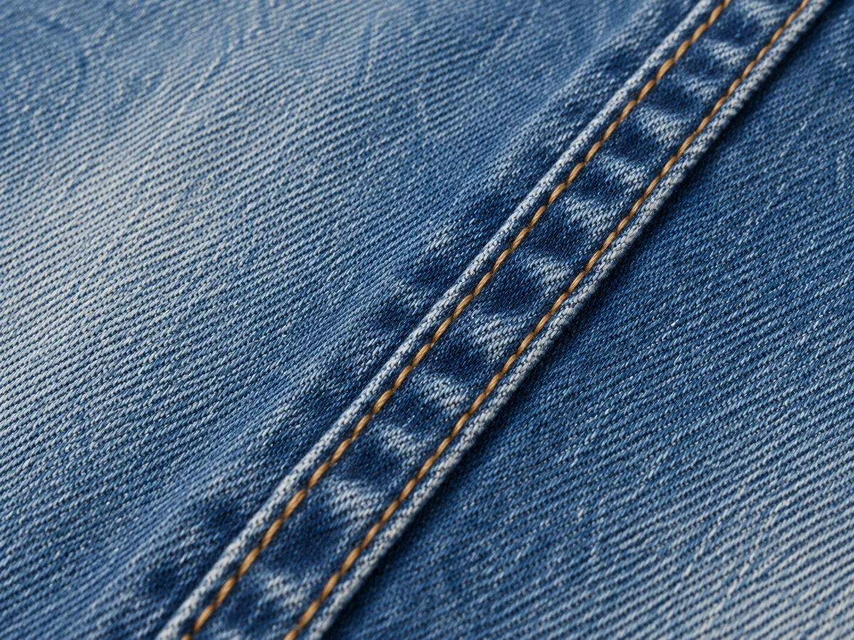 Two continuous rows of contrasting topstitching along the jeans side seam