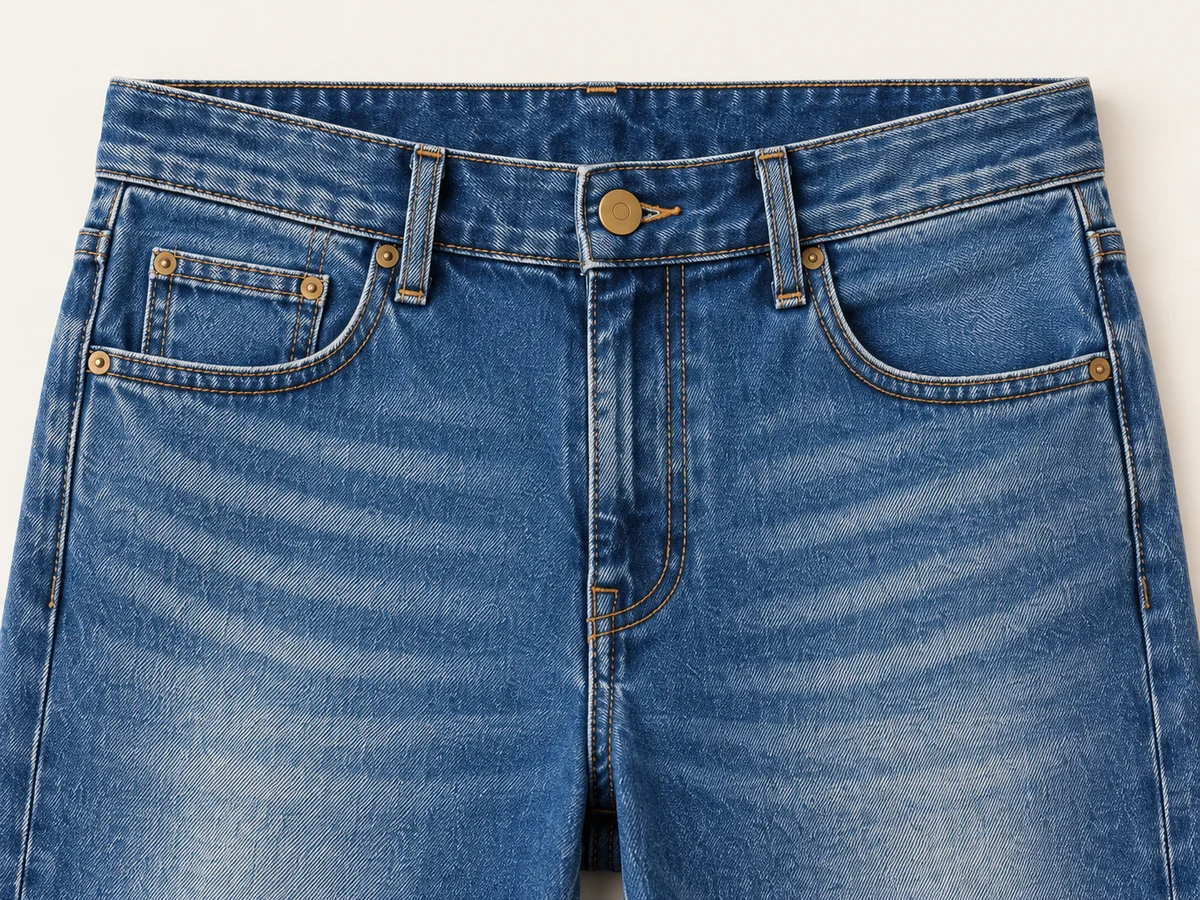 Close-up of the waistband, button, rivets and front-pocket construction