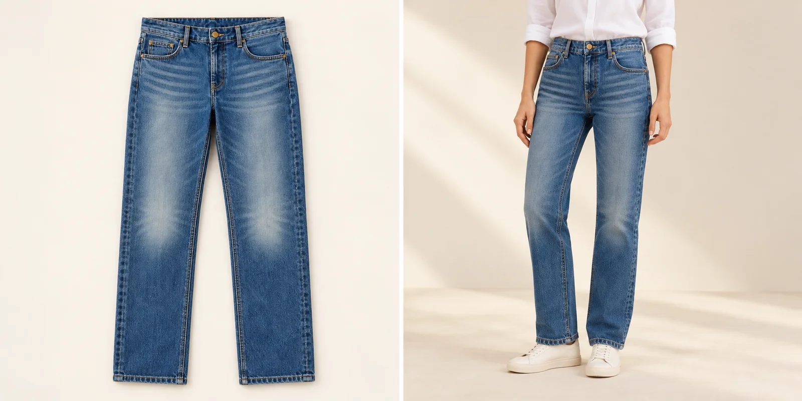 The same fictional washed jeans as a product reference and worn by a model in a white shirt