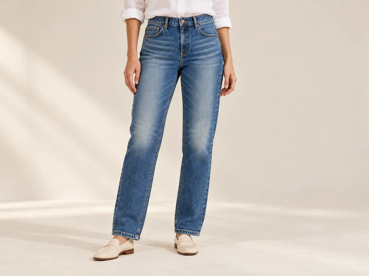 Illustrative model pose with a visible waistband, pockets and leg wash