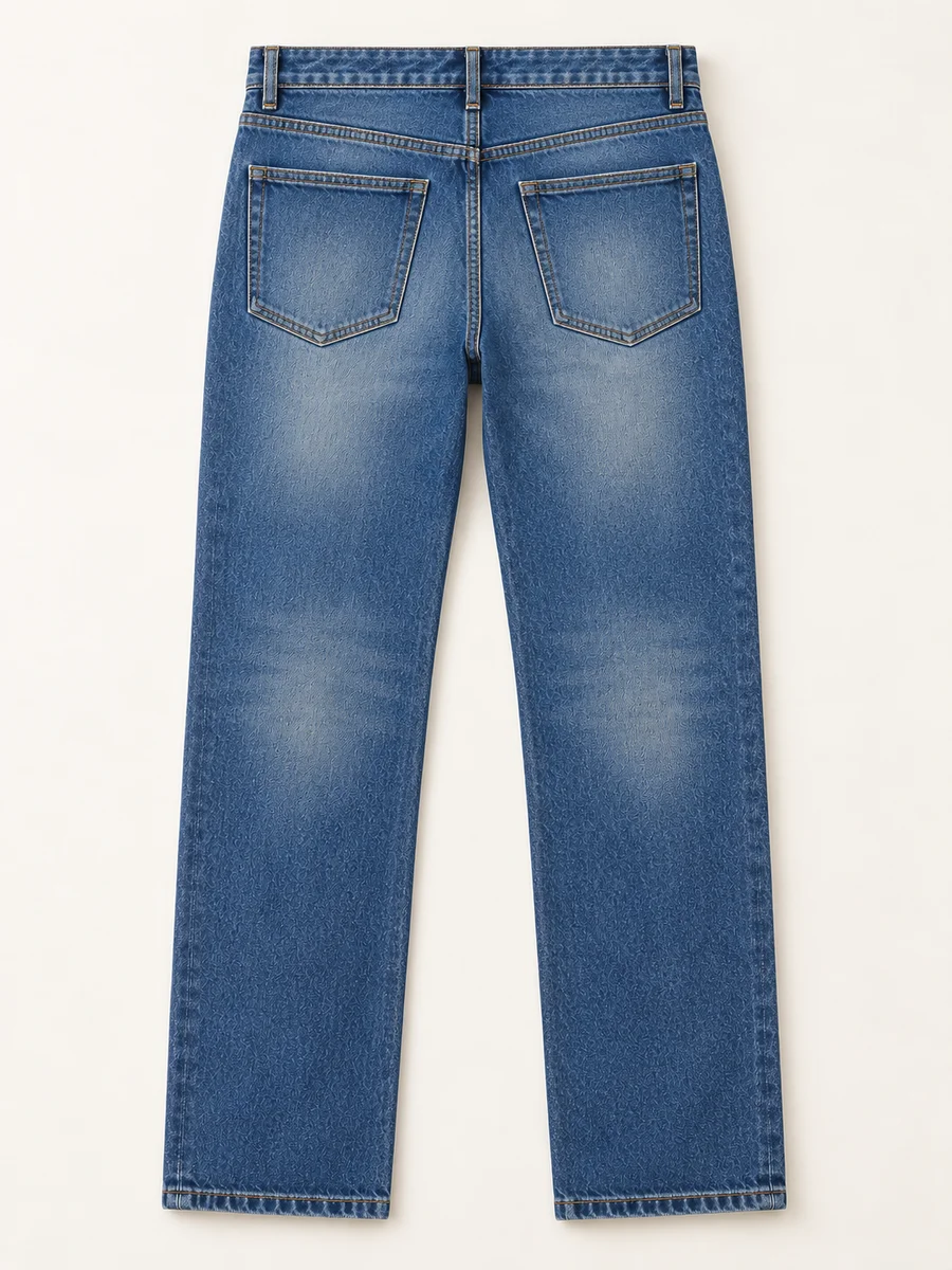 Rear reference showing the jeans pockets, yoke seam and hem finish