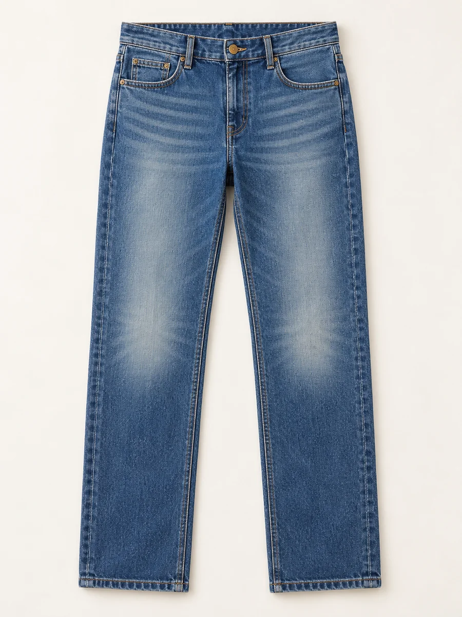 Front product reference showing jeans pockets, fade pattern and straight hems
