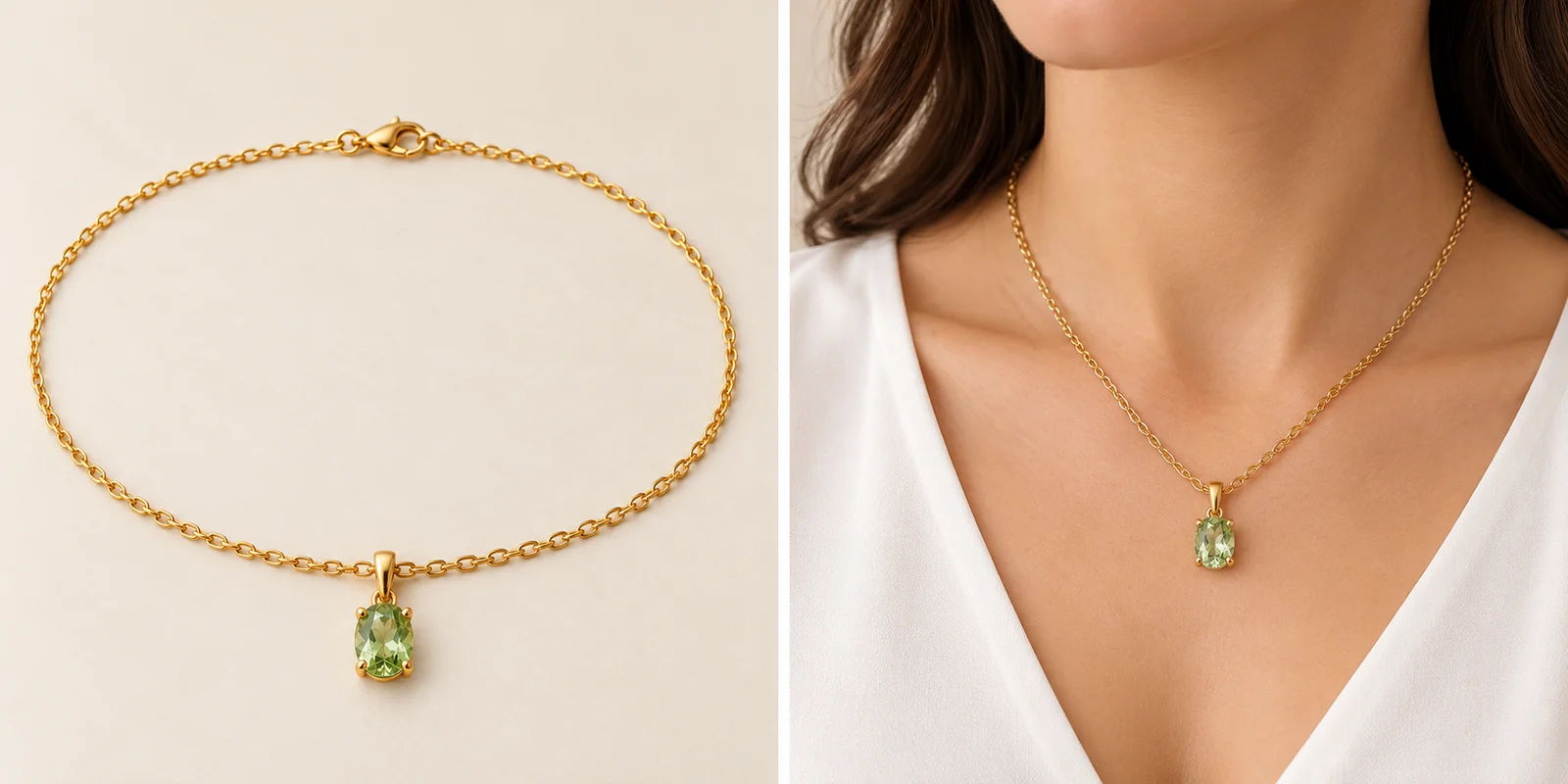 Fictional green-stone necklace as a product reference and in a wearing context