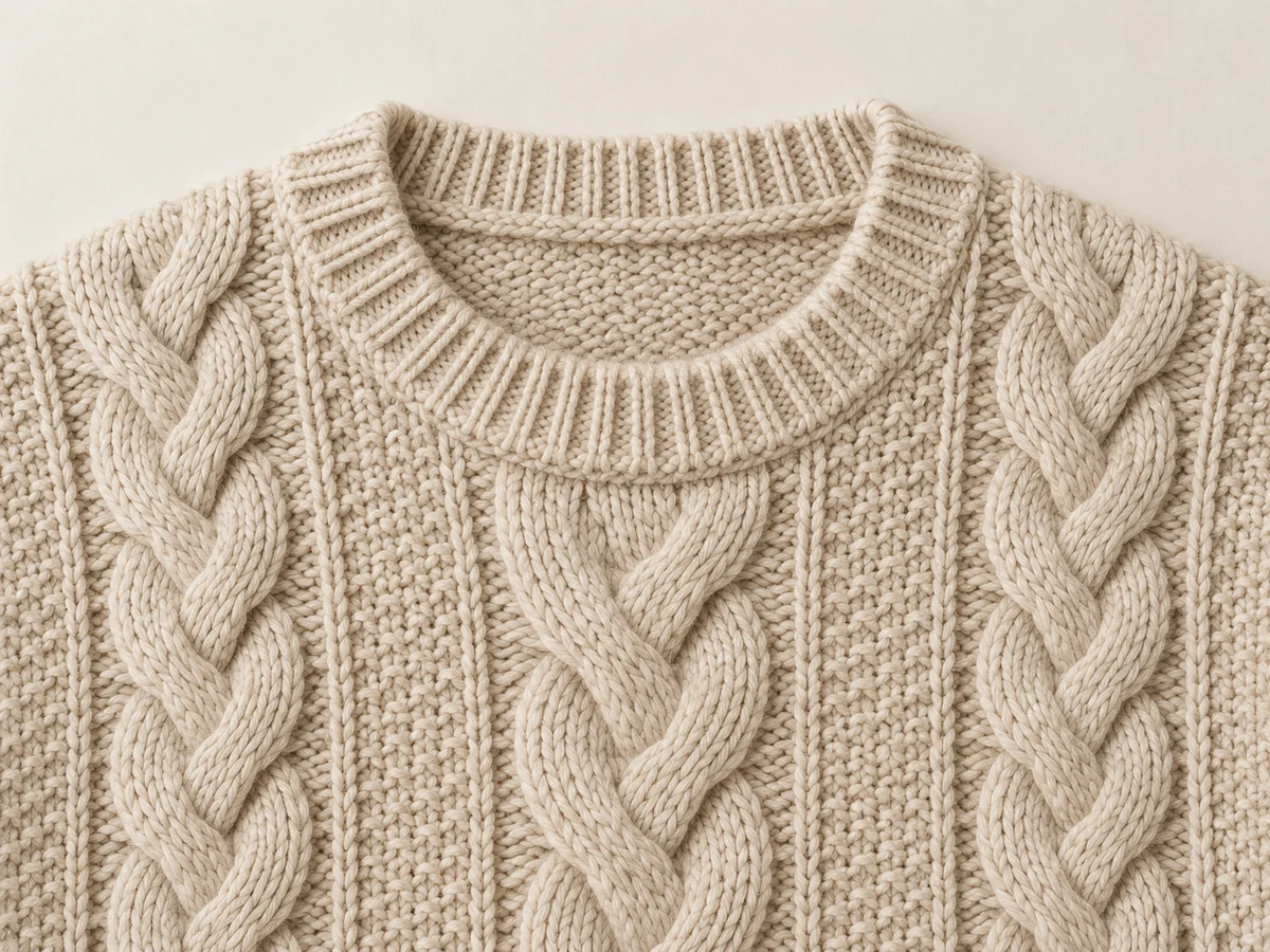 Close-up showing the ribbed crew-neck transition into the knitted body