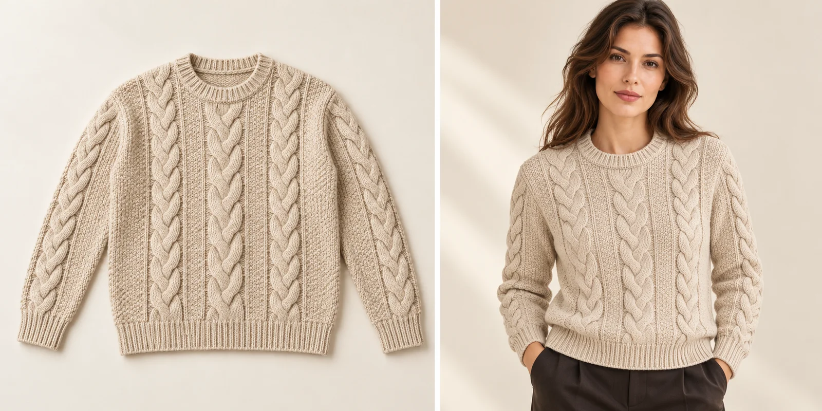 Fictional cream cable-knit sweater as a product reference and worn by a model