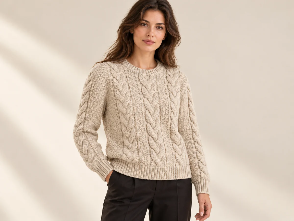 Model pose leaving sweater cables, cuffs and hem visible