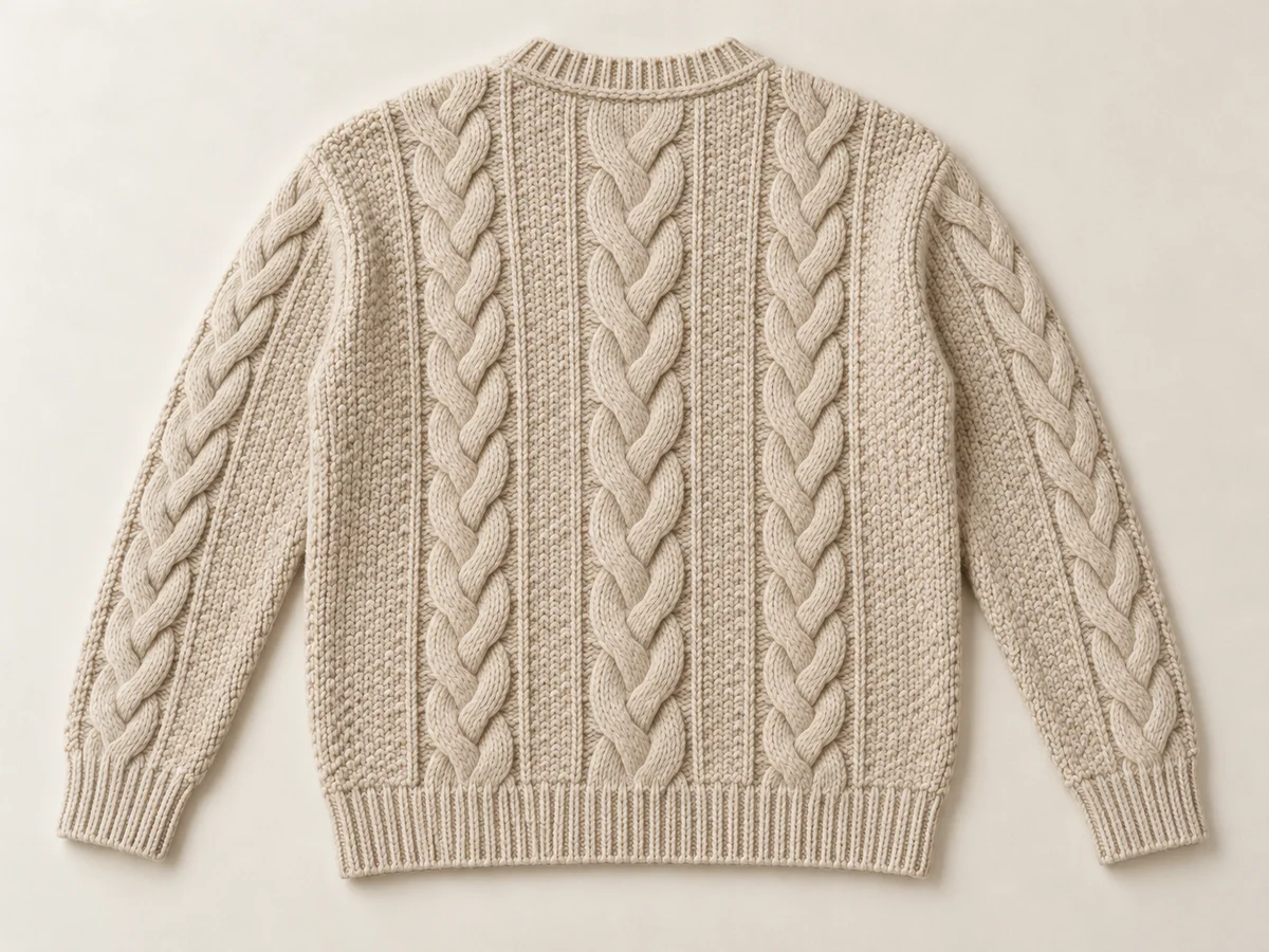 Rear product view showing the sweater pattern, shoulders and bottom band