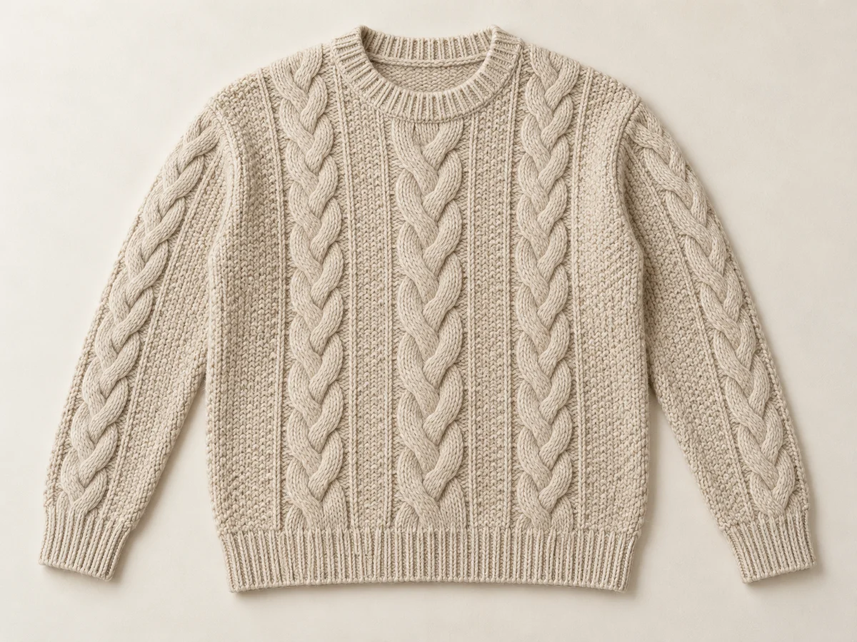 Front product view showing cable placement, sleeves, neckline and bottom band