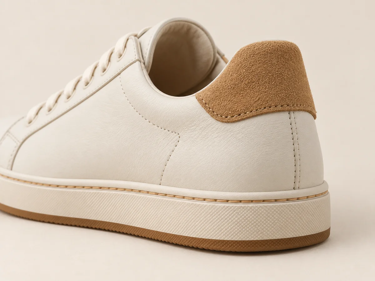 Suede heel panel, collar and connection to the cupsole