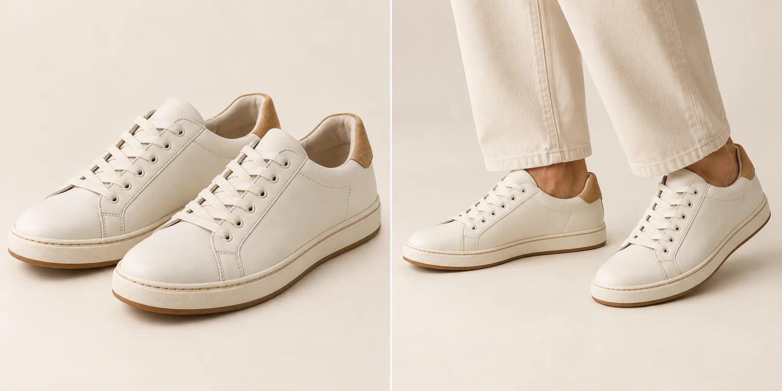 Illustrative cream sneaker pair as a product reference and worn on feet