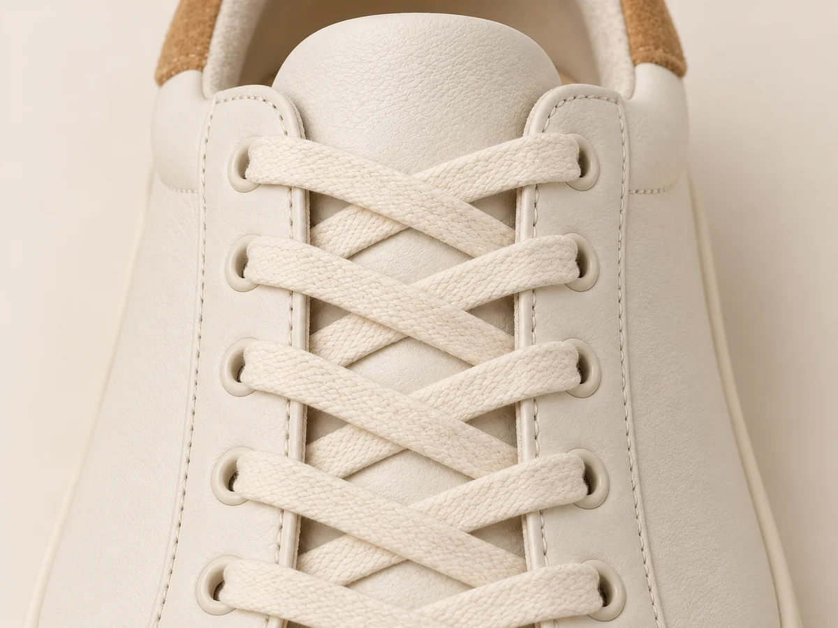 Close view of cream laces crossing the tongue through the visible eyelets