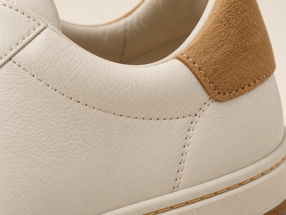 Cream leather grain and its stitched junction with the suede overlay
