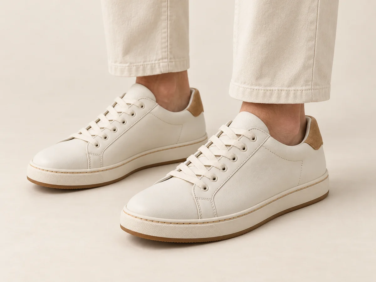 The same fictional sneaker pair worn with cream trousers