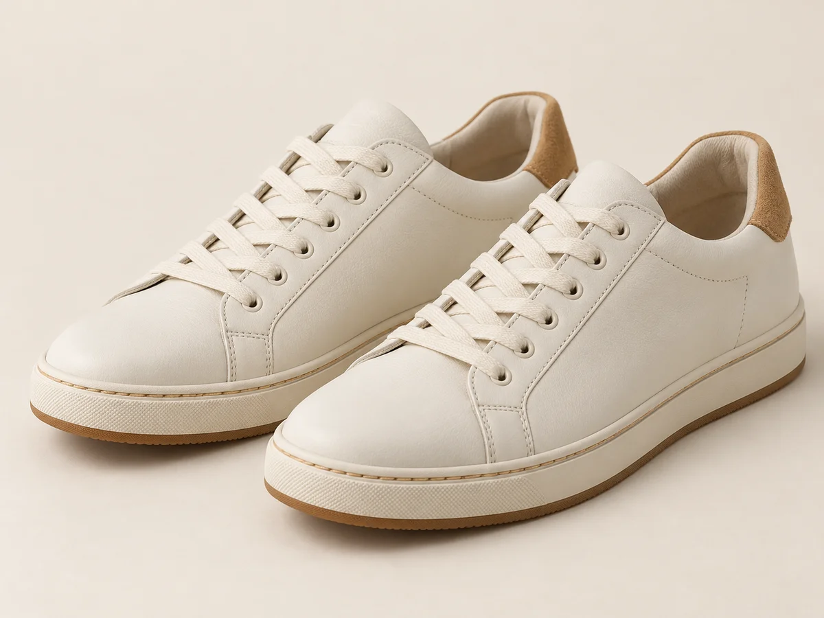 Three-quarter product reference of the fictional cream leather sneaker pair