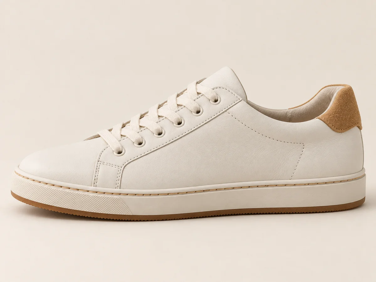 Side view showing the sneaker outer panel and sole profile