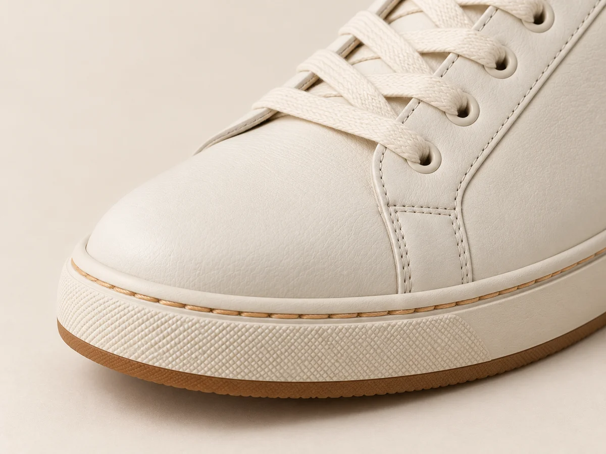 Rounded sneaker toe-box outline and its leather panel junction