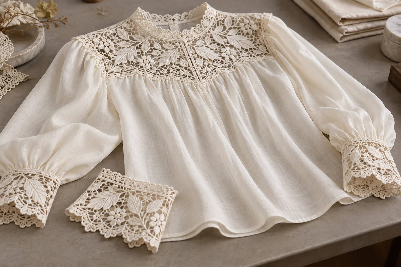 Conceptual photograph of an ivory blouse with botanical embroidered lace and a matching lace cuff on a gray table