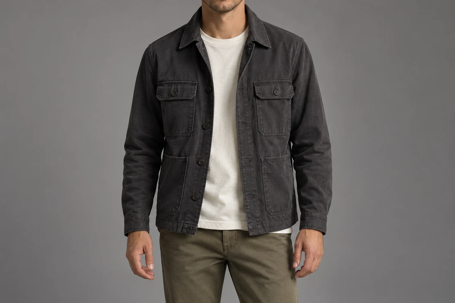 Conceptual fashion photograph of an open charcoal utility jacket over an ivory crew-neck top with separate necklines and hems