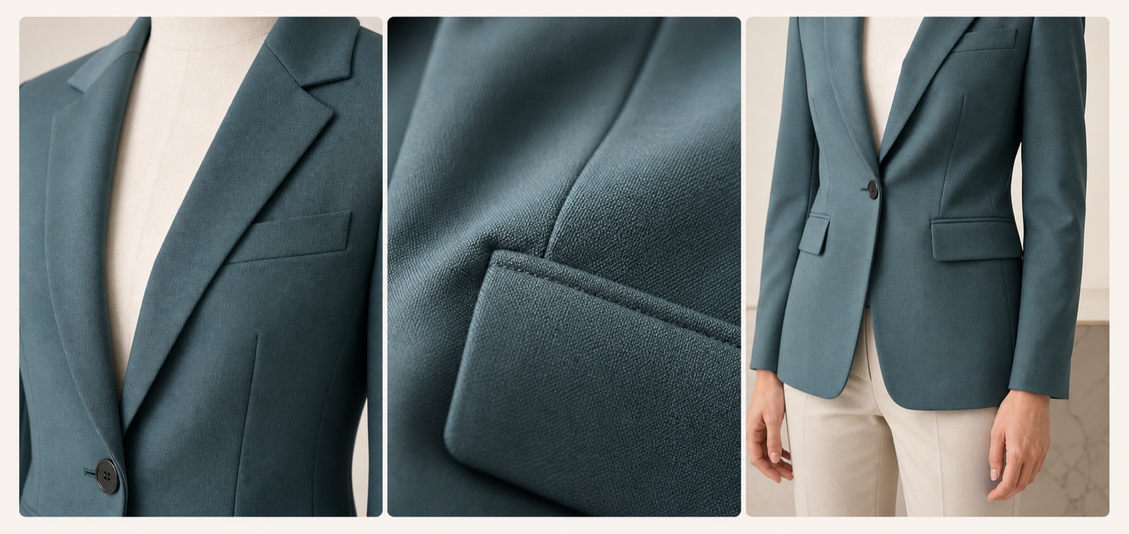Blazer yaka, kumaş, cep ve model üzerindeki duruş detaylarını gösteren kalite kontrol görseli