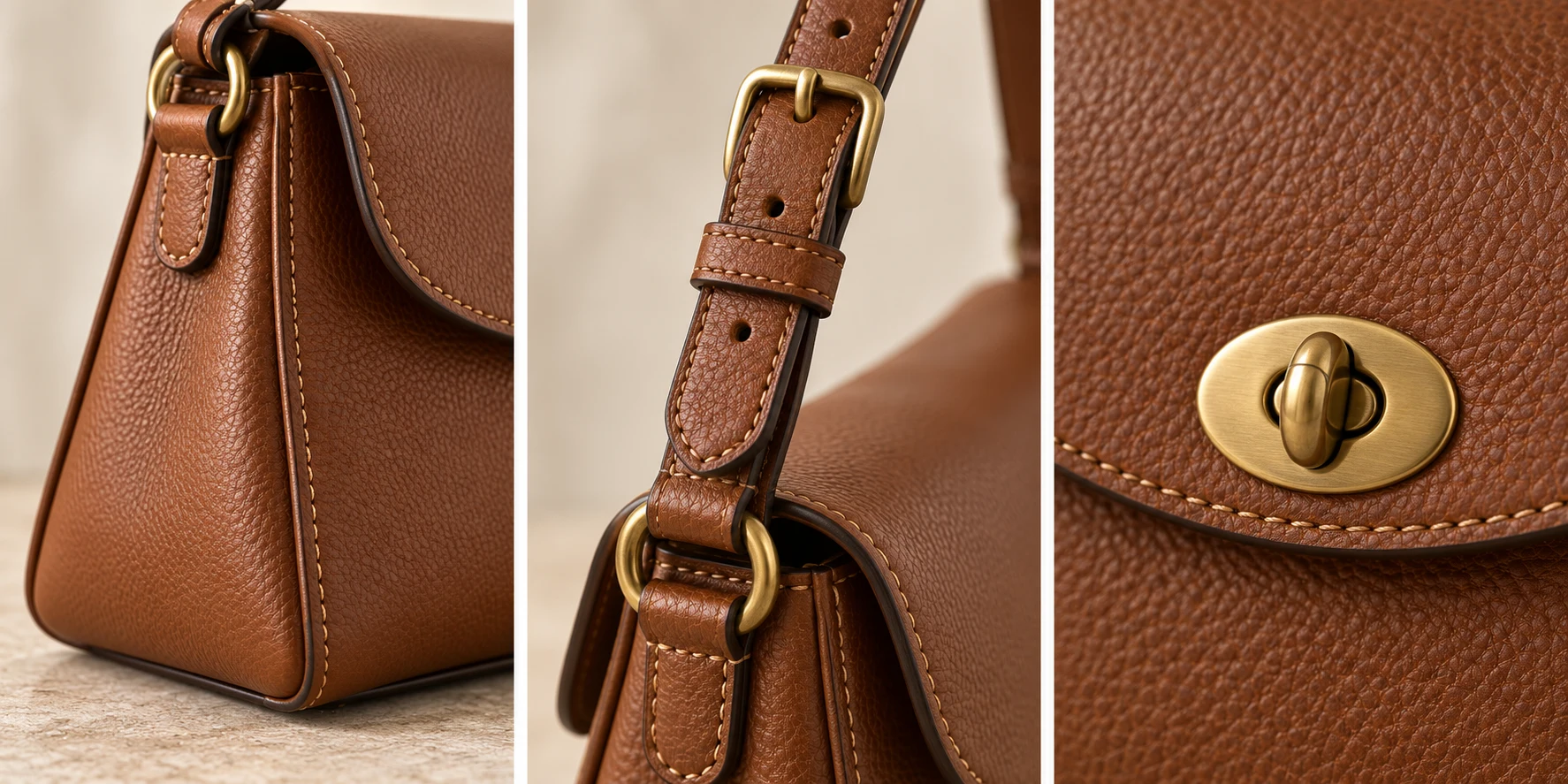 Close-ups of bag depth, strap connection and metal clasp