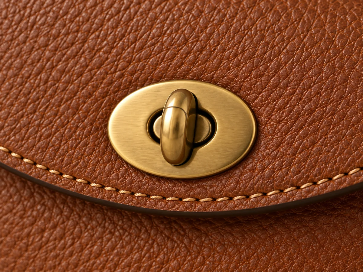 Oval metal closure showing its shape and position on the brown leather flap