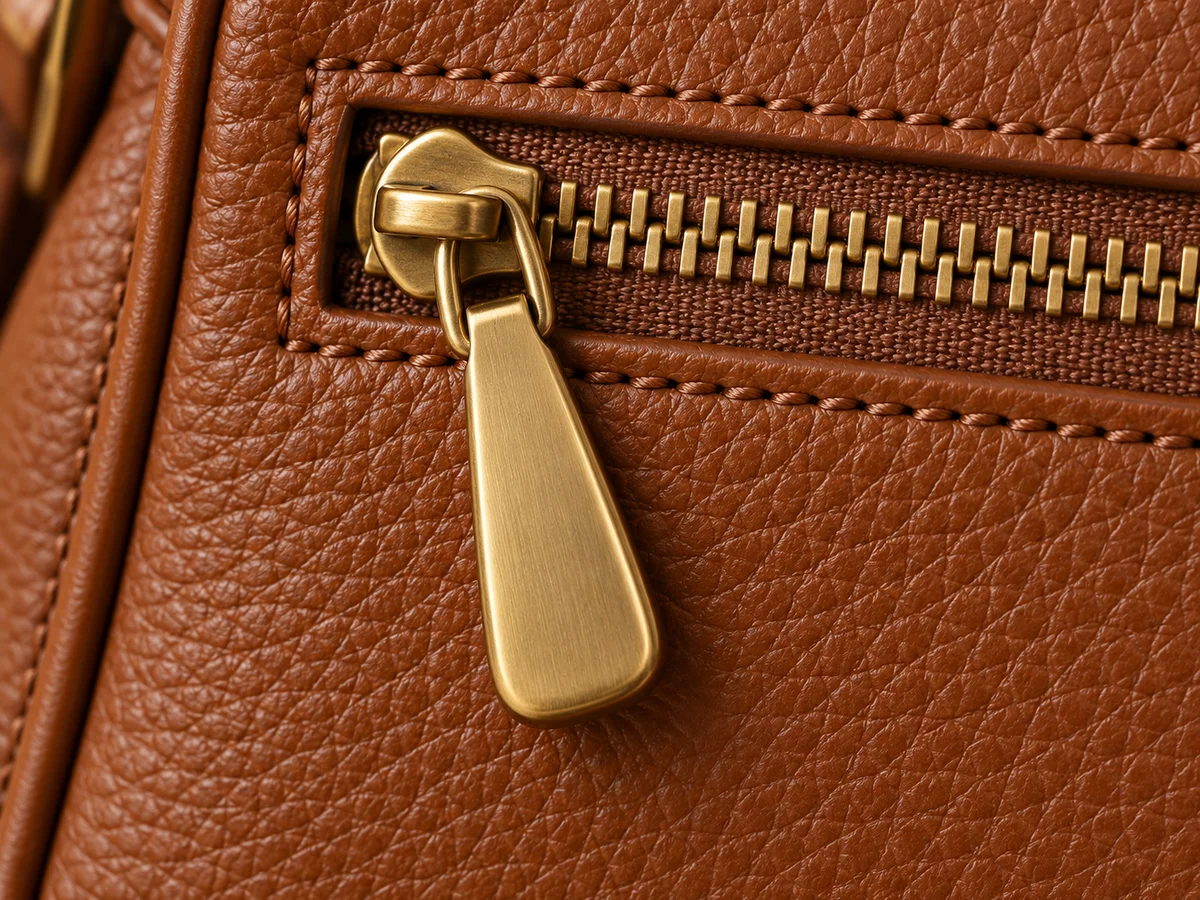 Zipper detail showing the slider, connected teeth and metal pull