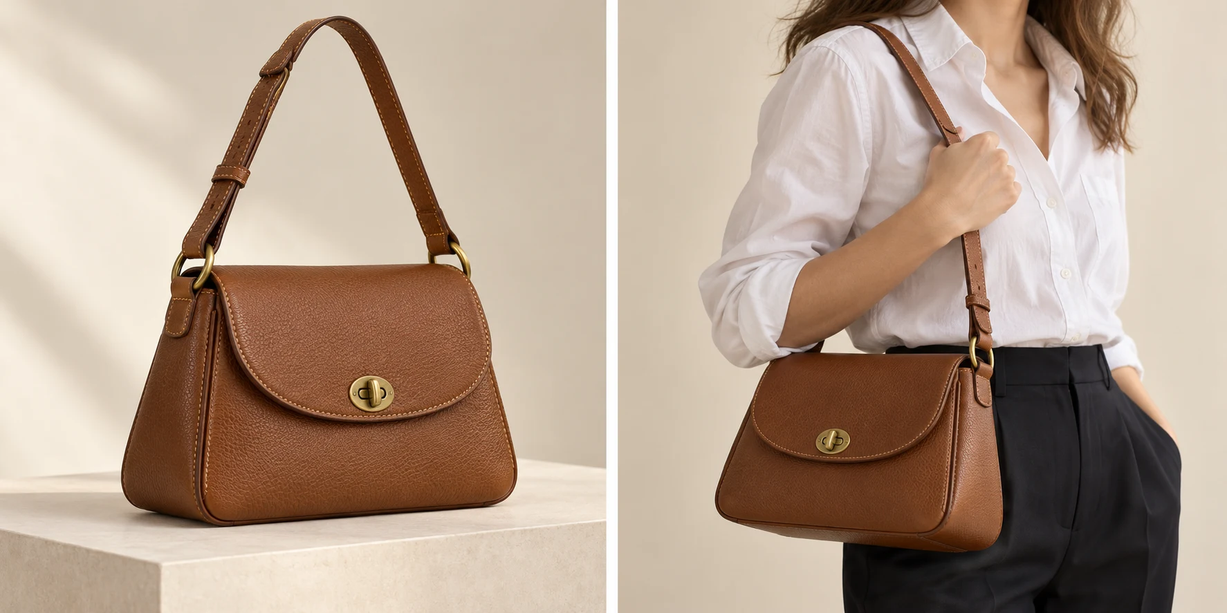 Fictional brown bag shown as a product reference and worn at the hip