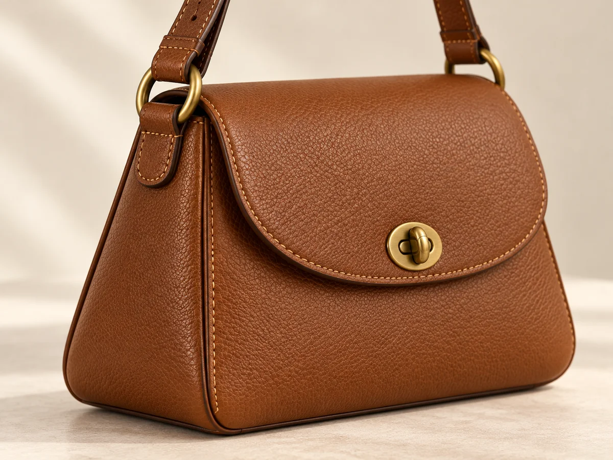 Close view of the strap ring, stitched leather attachments and metal closure