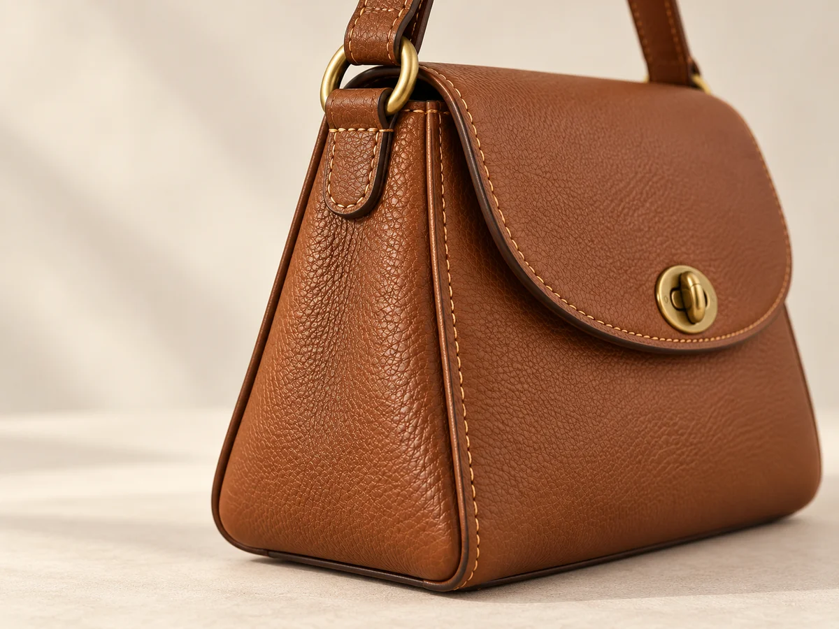 Bag side panel showing its depth, edge stitching and connection to the front