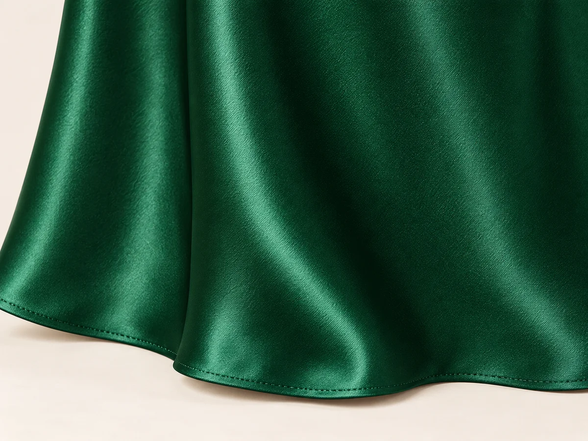Clean sewn satin hem meeting a natural fabric fold