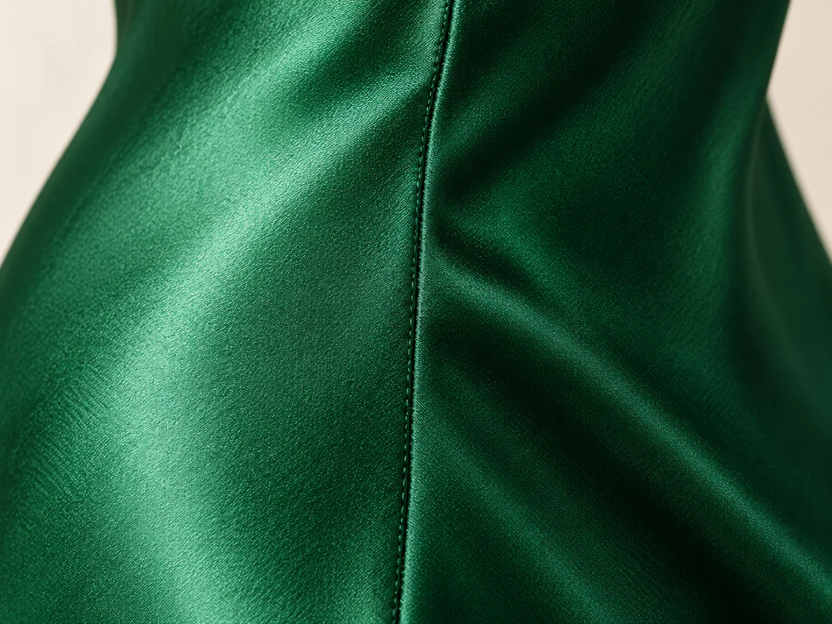 Narrow side seam running along the emerald satin
