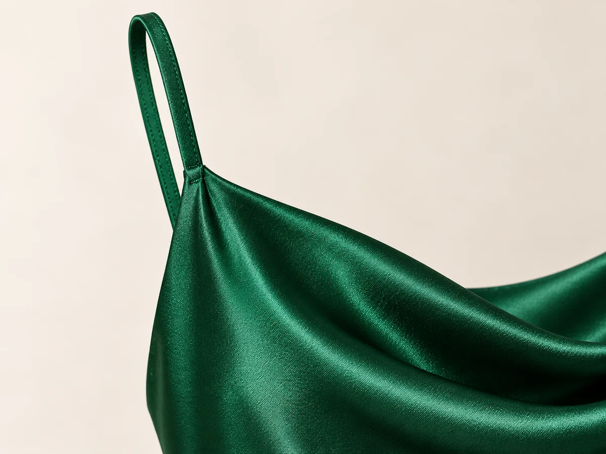 Narrow satin strap joining the cowl neckline edge