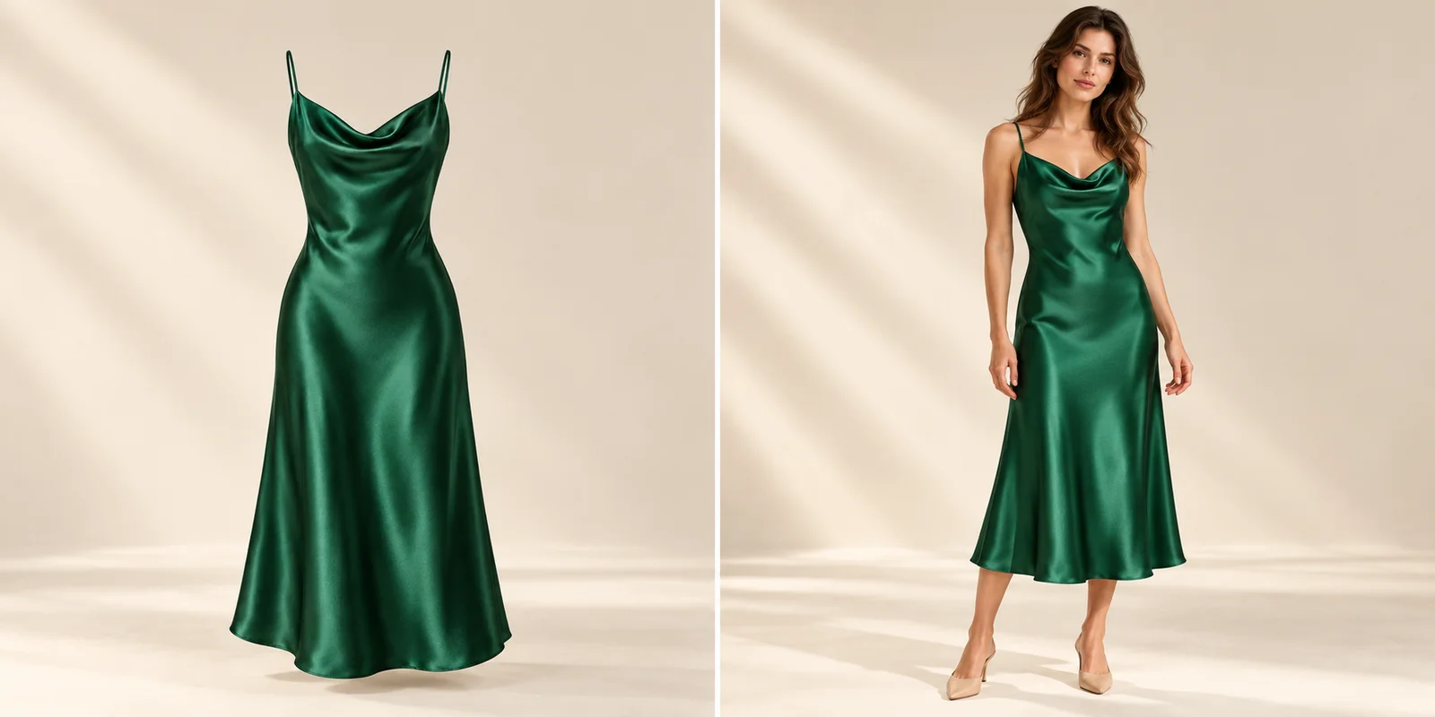 Fictional emerald satin dress as a product reference and worn by an adult model