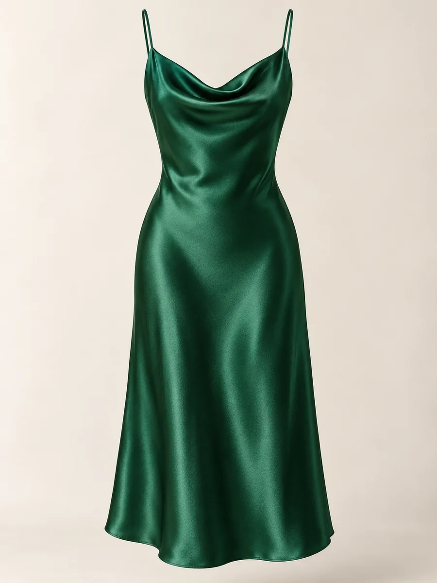 Complete emerald satin dress with cowl neckline and sewn hem