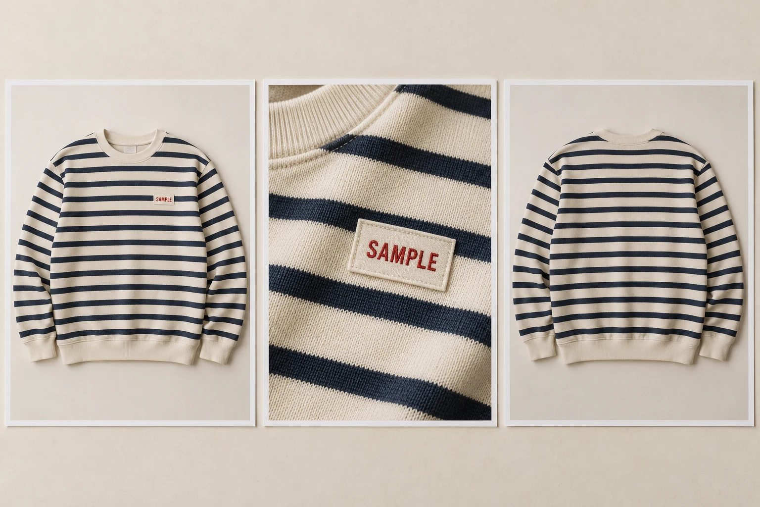 Üç temsili referans fotoğrafı: sweatshirt’ün önü, okunabilir SAMPLE etiketi ve örgü dokusu, arka görünüş