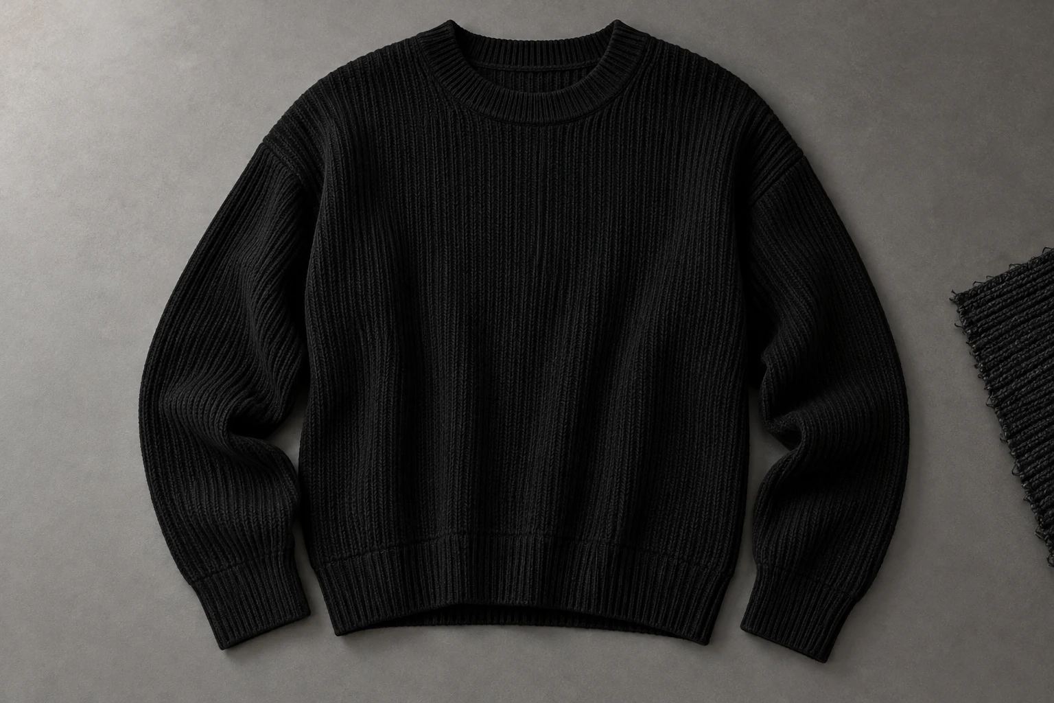 Conceptual overhead photograph of a black ribbed knit sweater on a medium-gray table with readable fabric detail