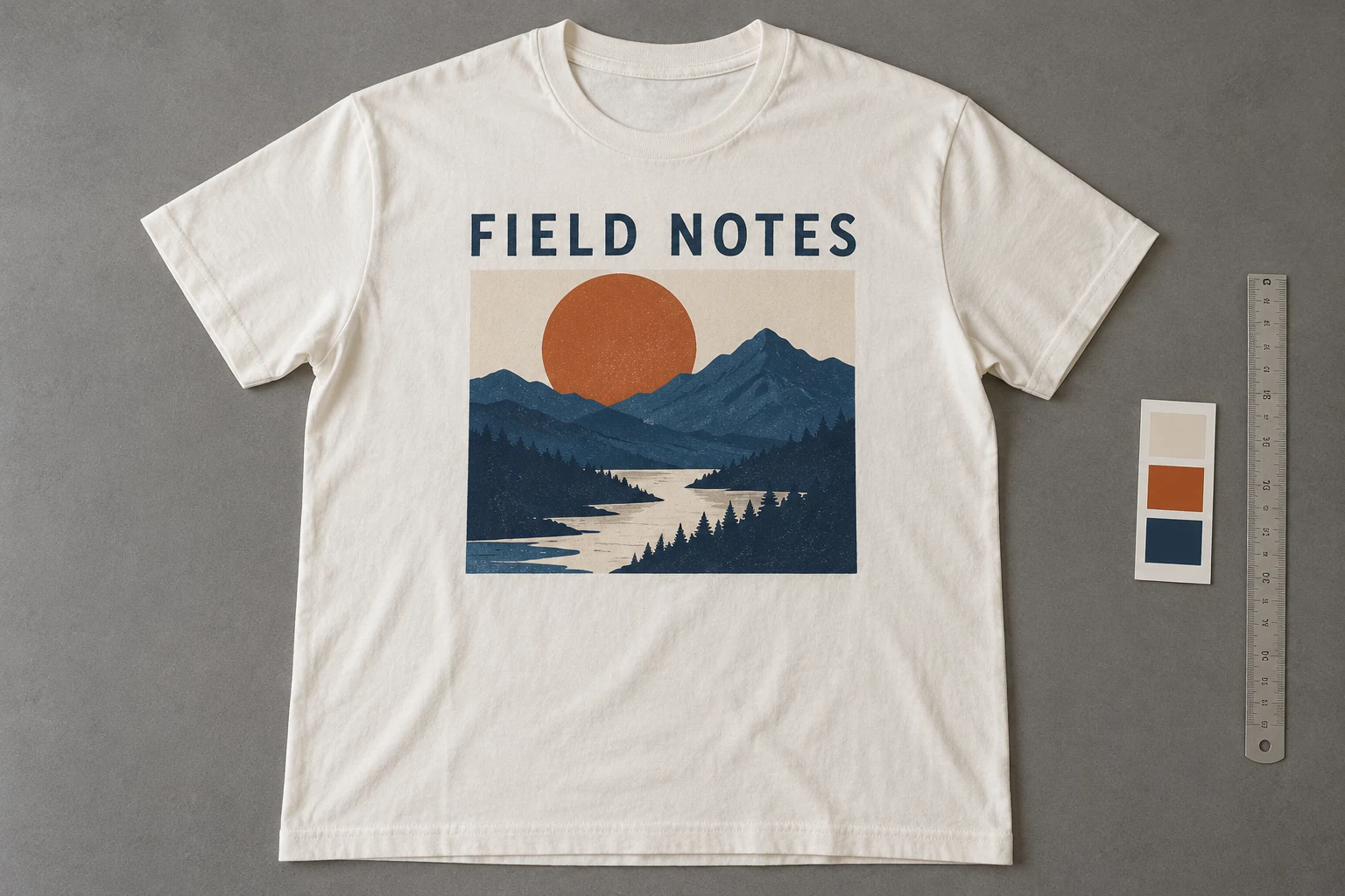 Conceptual overhead photograph of an off-white T-shirt with fictional landscape artwork and printed lettering