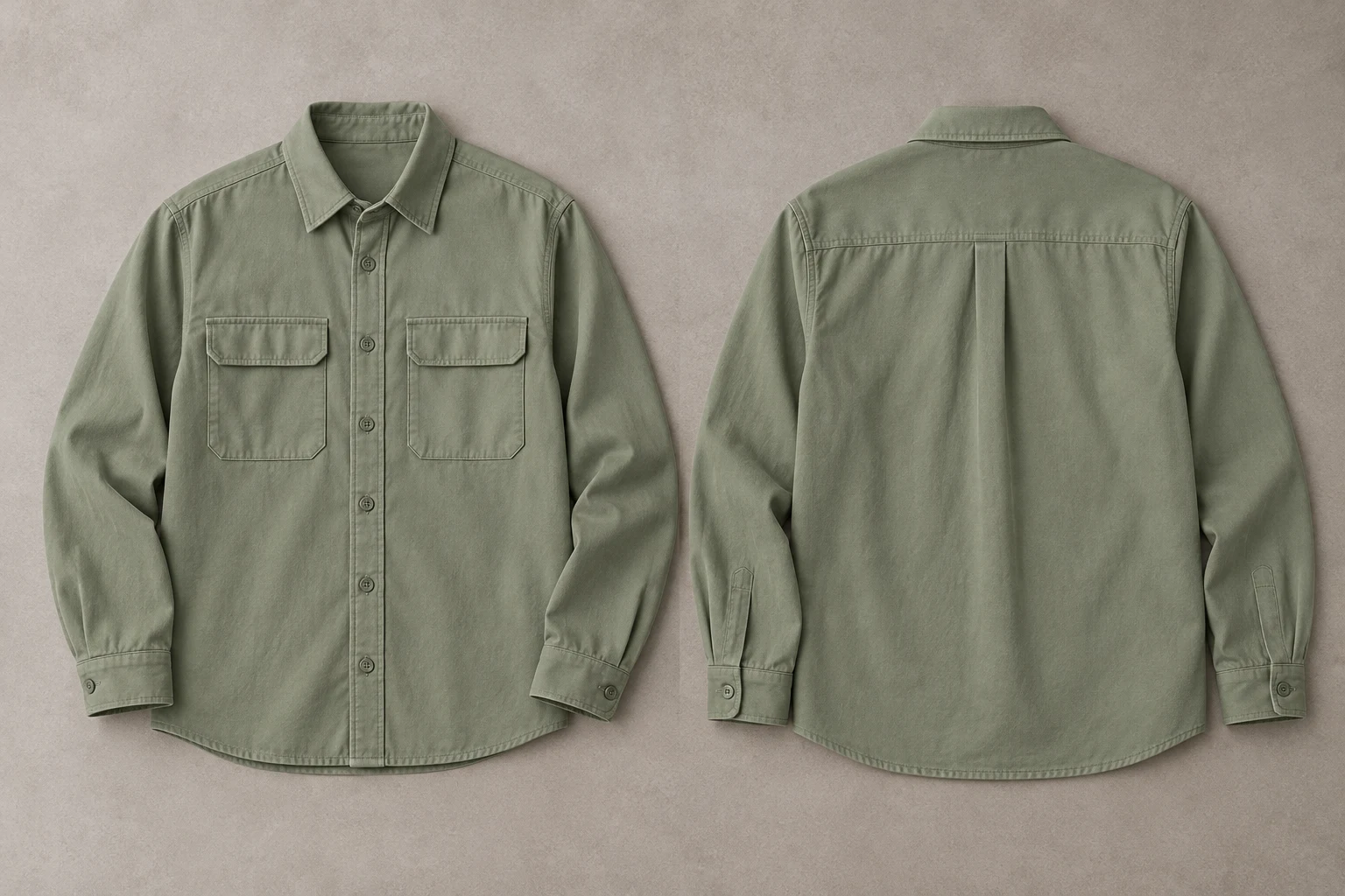 Conceptual overhead photograph showing front and back sage overshirts side by side, with chest pockets in front and a back yoke