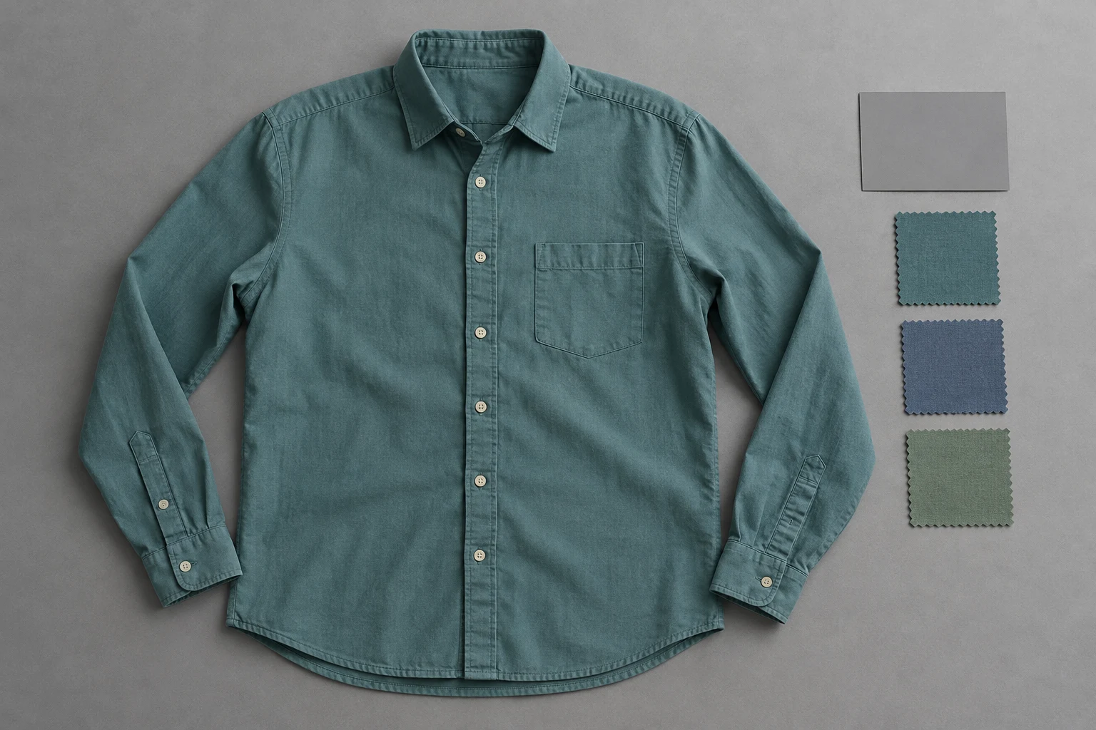 Conceptual studio photograph of a muted teal shirt with a neutral-gray card and separate teal, blue, and sage fabric swatches