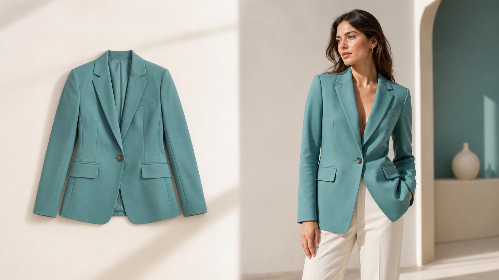 Turkuaz blazer ürün fotoğrafı ve aynı blazerı giyen yapay zekâ moda modeli